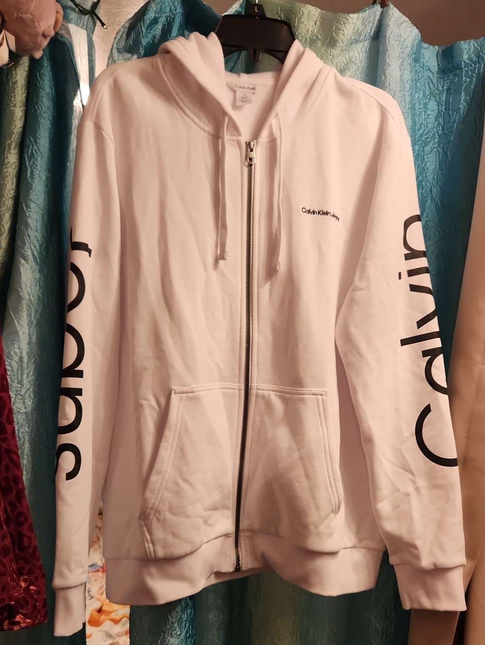 Calvin Klein White Full-Zip Hoodie Jacket with Sleeve Logo